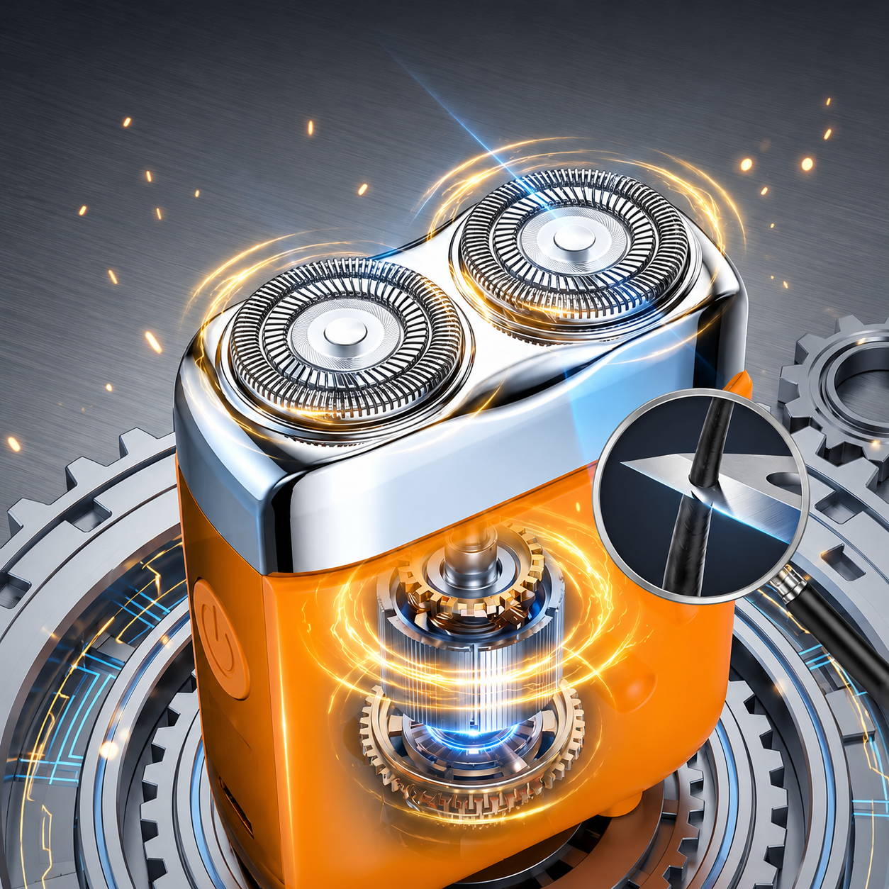 Suggested image: high-speed motor and self-sharpening blade feature graphic for the pocket shaver