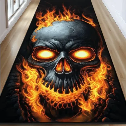 3D Gothic Dark Style Flaming Pathway & Hell Staircase Skull Pattern Quilted Runner Rug with Lava Crack Decor | Flaming Skull