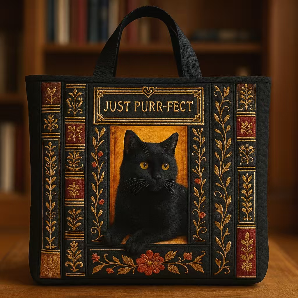Whispers Between Pages — 3D Black Cat Bookcase Quilted Tote Bag ✨