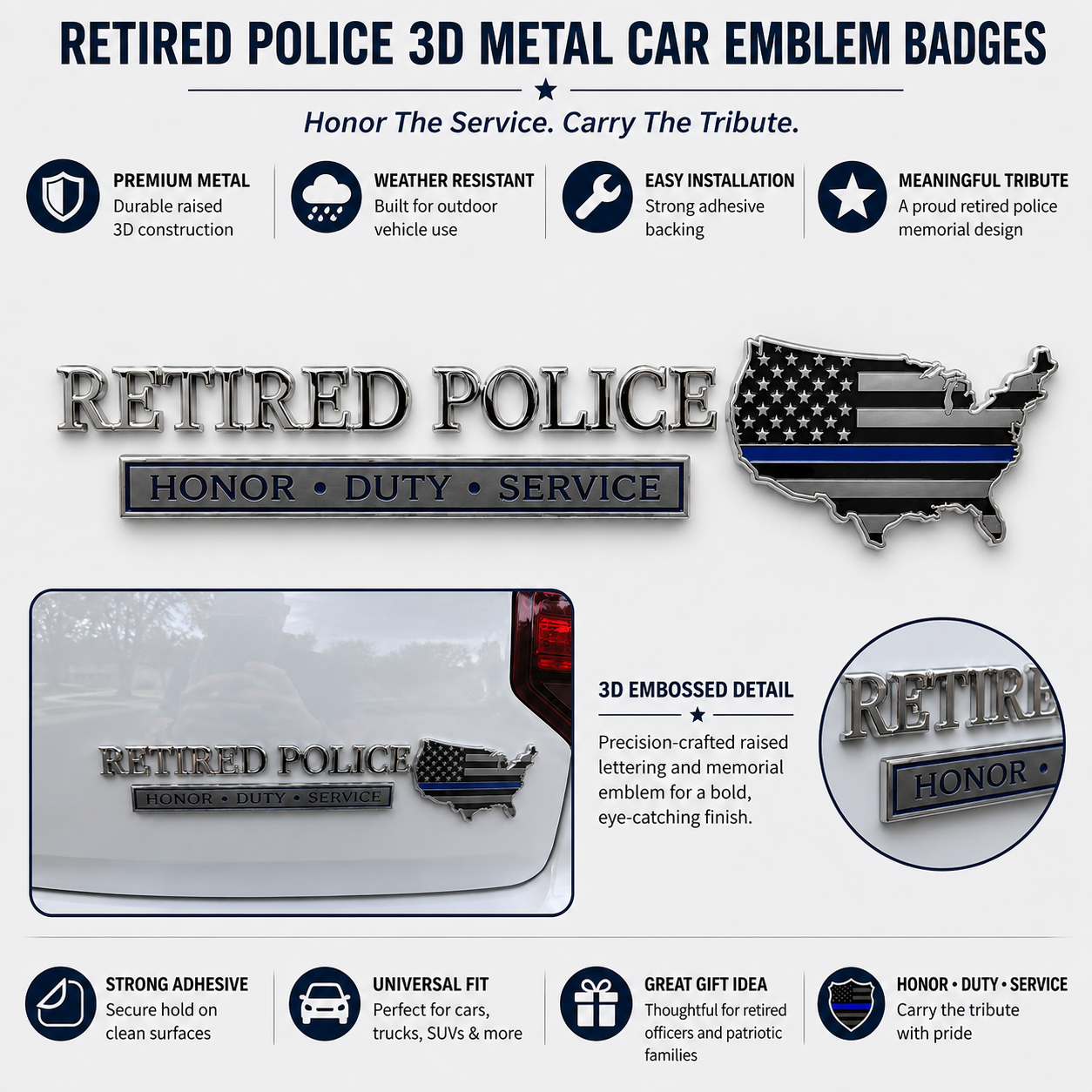 Retired Police Honor Duty Service Car Emblem Metal Badge