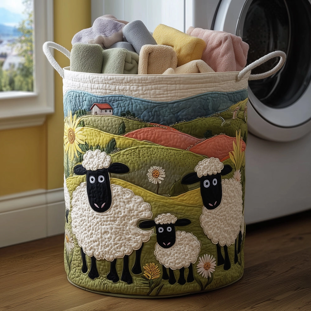 Rustic Cozy Style Family Sheep & Countryside Landscape Pattern Cozy Sheep Quilted Laundry Basket with Quilted Texture & Canvas Handles |  Sheep