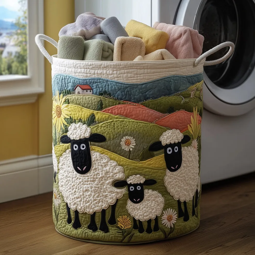 Rustic Cozy Style Family Sheep & Countryside Landscape Pattern Cozy Sheep Quilted Laundry Basket with Quilted Texture & Canvas Handles | Sheep