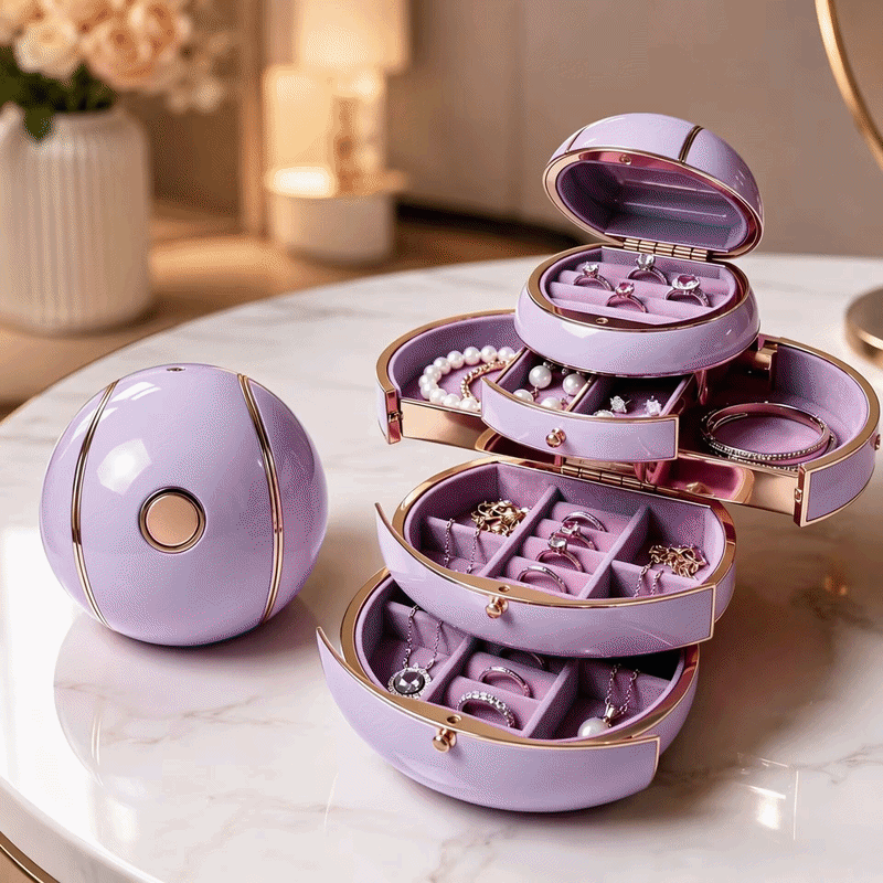 Main product photo of the Valunoq spherical jewelry box both closed and fully opened with jewelry arranged in its layered trays