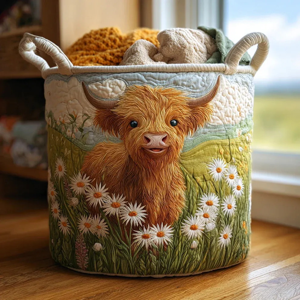 Highland Cattle Quilted Laundry Basket
