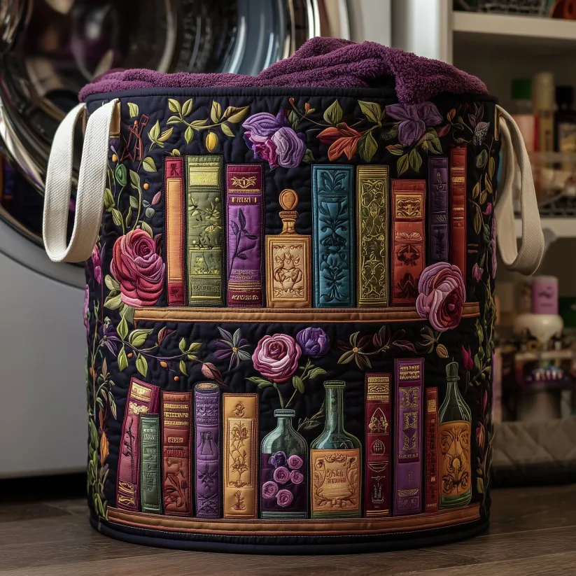 Literary Gothic Romantic Style Vintage Books & Dark Floral Pattern Bookish Quilted Laundry Basket with Sturdy Canvas Handles | Book