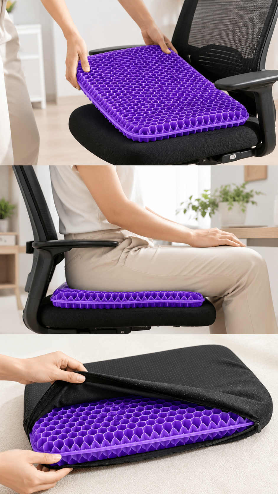 GIF or image to replace: person placing silicone seat cushion on chair, sitting down, and showing removable washable cover