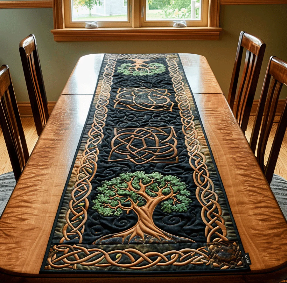 Handcrafted Quilted Table Runner with Diverse Thematic Patterns - Mardi Gras Mask, Heart Embroidery, Celtic Tree, Pumpkin Harvest, Cardinal Bird, Clover, Turkey Designs for Dining Table Decoration