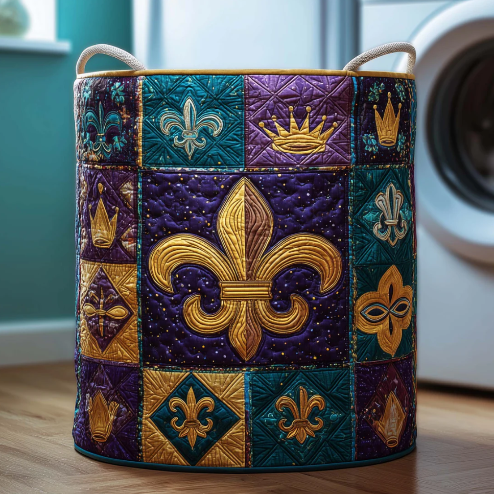 Luxurious Mardi Gras Fleur-de-lis Pattern Quilted Laundry Basket Eco-Friendly Machine Washable Storage Organizer for Home Carnival Themed Decor | Mardi Gras Fleur-de-lis