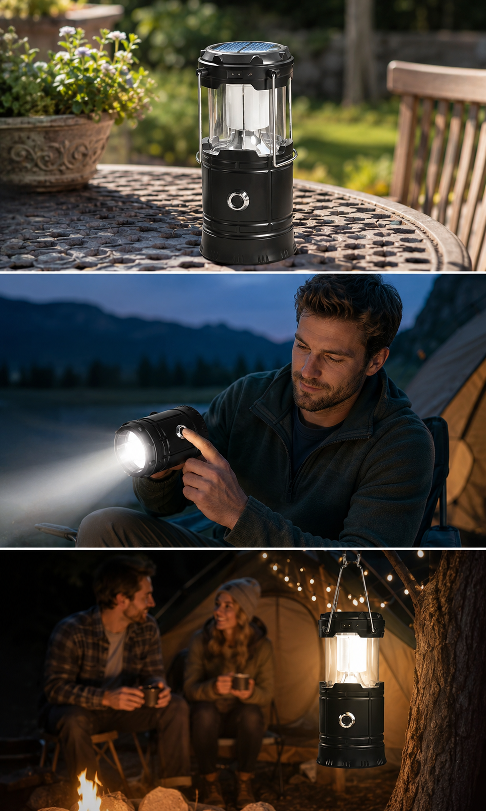 GIF/image placeholder: three-step use process&mdash;charge in sun, switch mode, hang or place anywhere