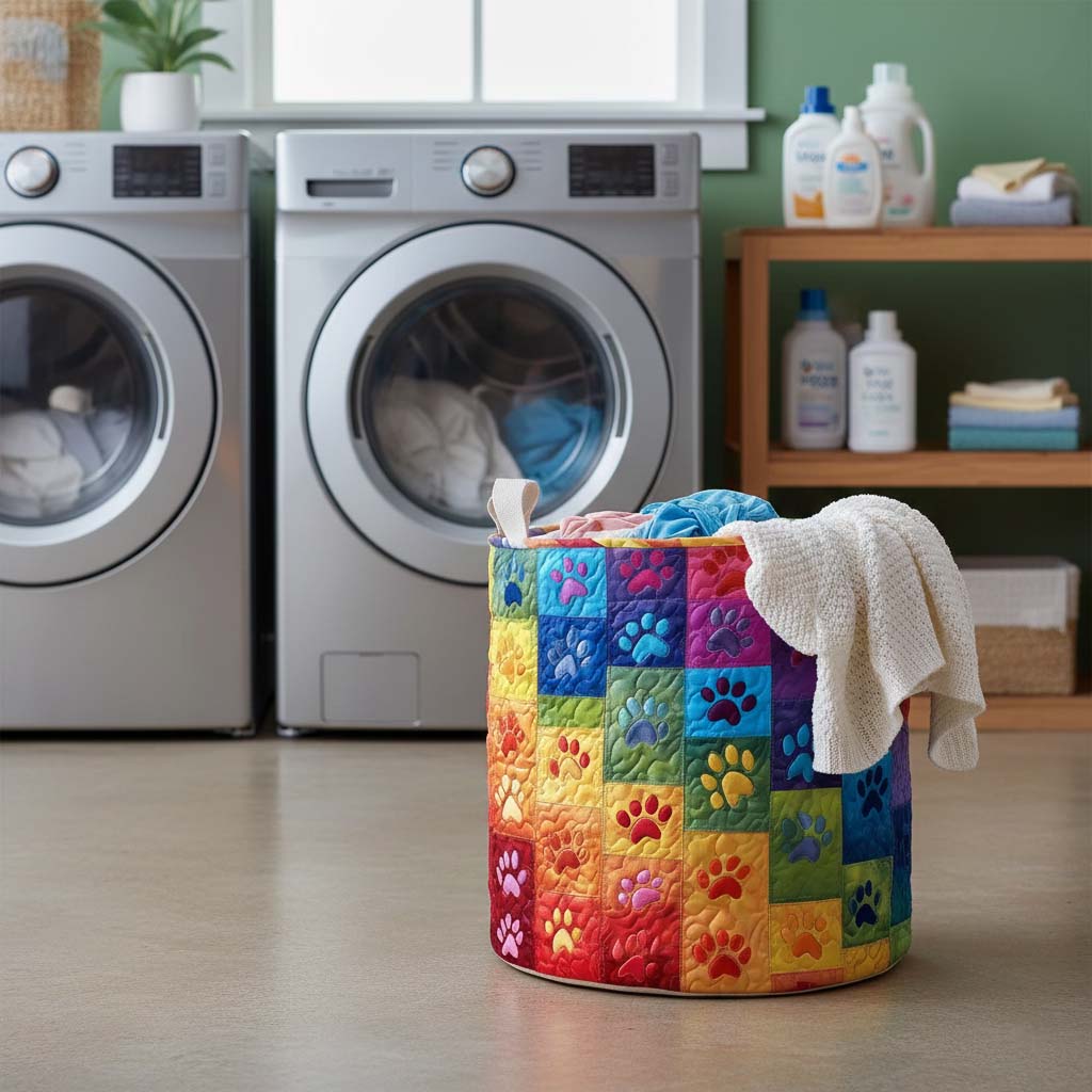 Rainbow Paws Quilted Laundry Basket  |  Pet paw