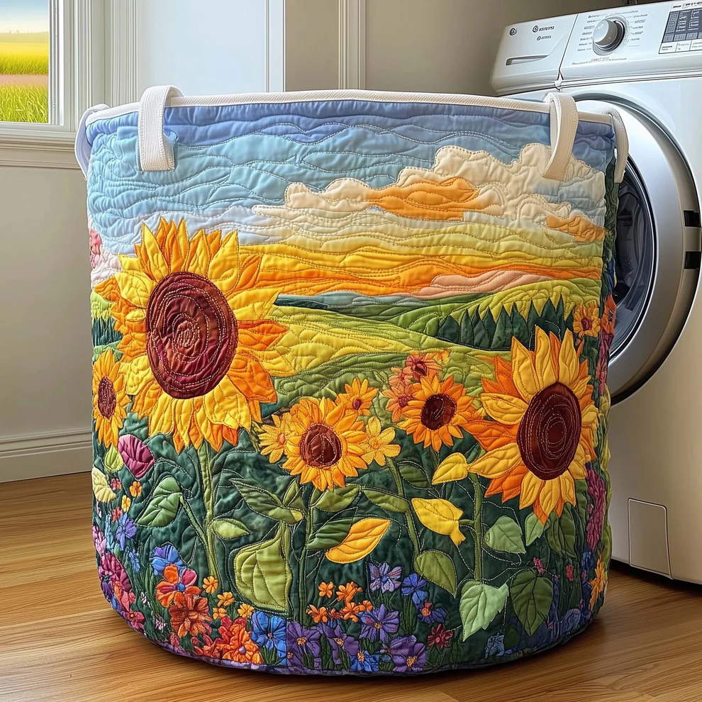 Warm Bohemian Style Sunflower Quilted Laundry Basket with Colorful Meadow & Cloudy Sky Pattern | Sunflower