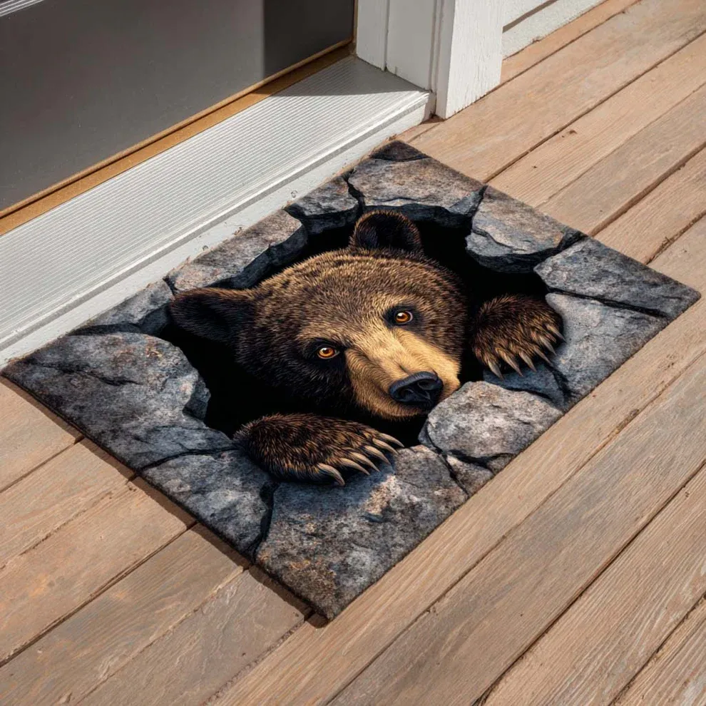 Hardcore 3D Natural Realism Style Lifelike Bear Face & Cracked Concrete Pattern Bear Doormat with Textured Weave & Outdoor Safe | Bear Doormat