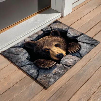 Hardcore 3D Natural Realism Style Lifelike Bear Face & Cracked Concrete Pattern Bear Doormat with Textured Weave & Outdoor Safe | Bear Doormat