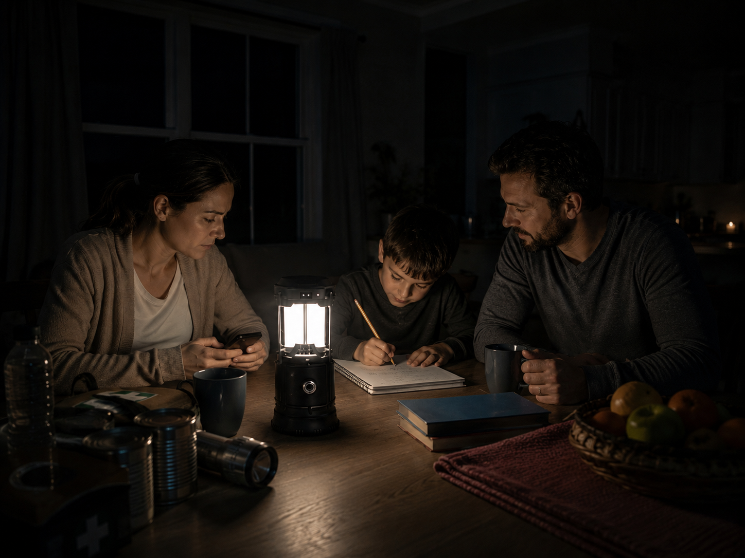 Image placeholder: family using the solar light during a power outage at home