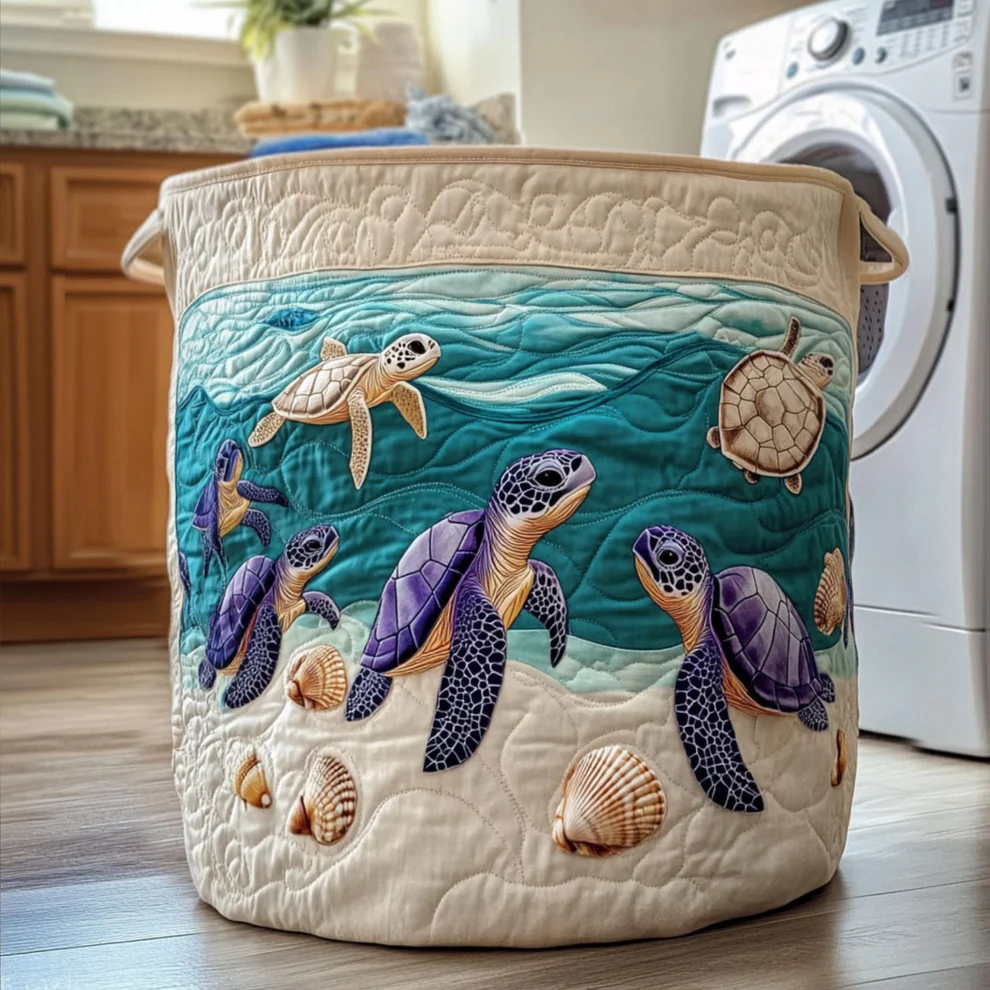 Turtle and Ocean Quilted Laundry Basket