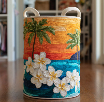 Tropical Hawaiian Floral & Palm Tree Pattern Quilted Laundry Basket Eco-Friendly Machine Washable Storage Bin for Home Coastal Decor Organization | Sunset  Sea
