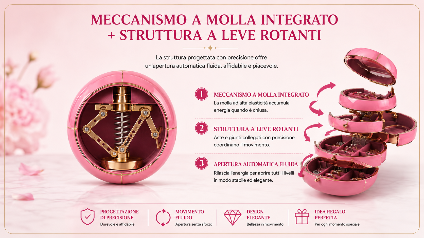 Immagine ravvicinata del meccanismo interno di apertura assistito da molle e della corretta distribuzione del carico sui vassoi