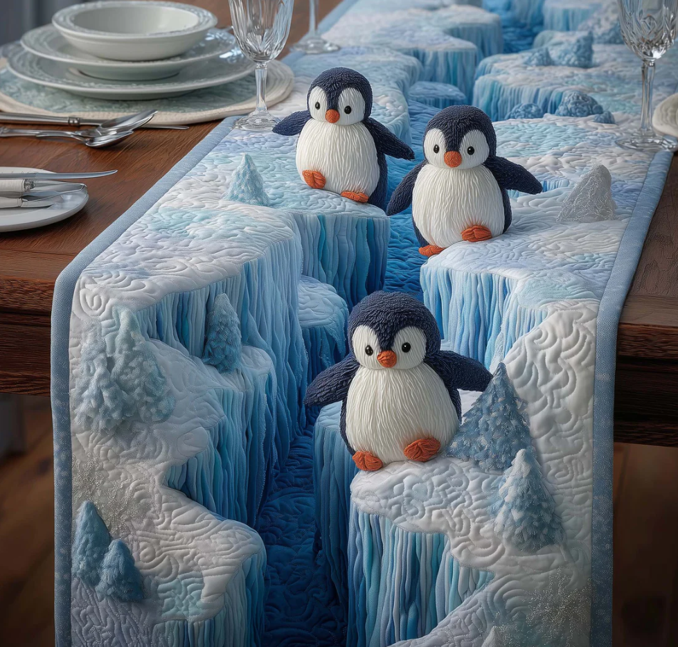 Glacier Penguin Quilted Table Runner Iceberg Pattern Dining Table Flag for Home Decor | penguin