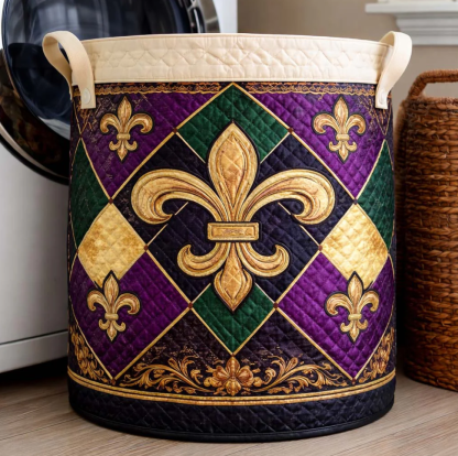 Luxurious Mardi Gras Fleur-de-lis Pattern Quilted Laundry Basket Eco-Friendly Machine Washable Storage Organizer for Home Carnival Themed Decor | Mardi Gras Fleur-de-lis