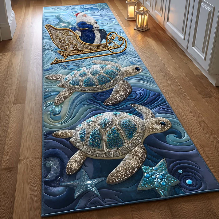 Whimsical Underwater Fairy Tale Style Turtle Drift & Golden Filigree Pattern Quilted Runner Rug with Magical Ocean Decor | Turtle