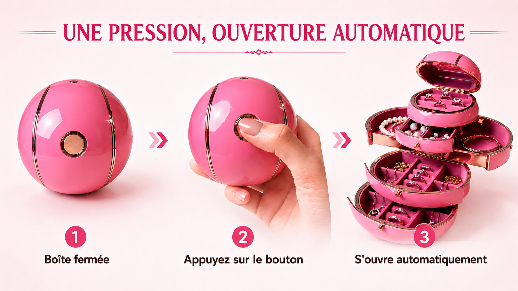 Boîte à bijoux sphérique compacte se déployant en présentoir à plusieurs niveaux