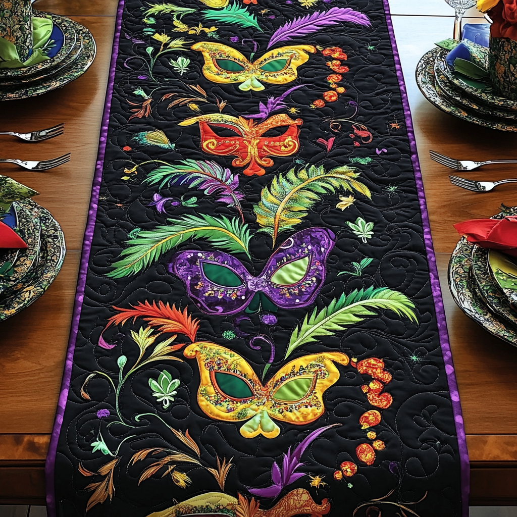 Carnival Masquerade Feathers Quilted Table Runner 🎭💜💚💛✨