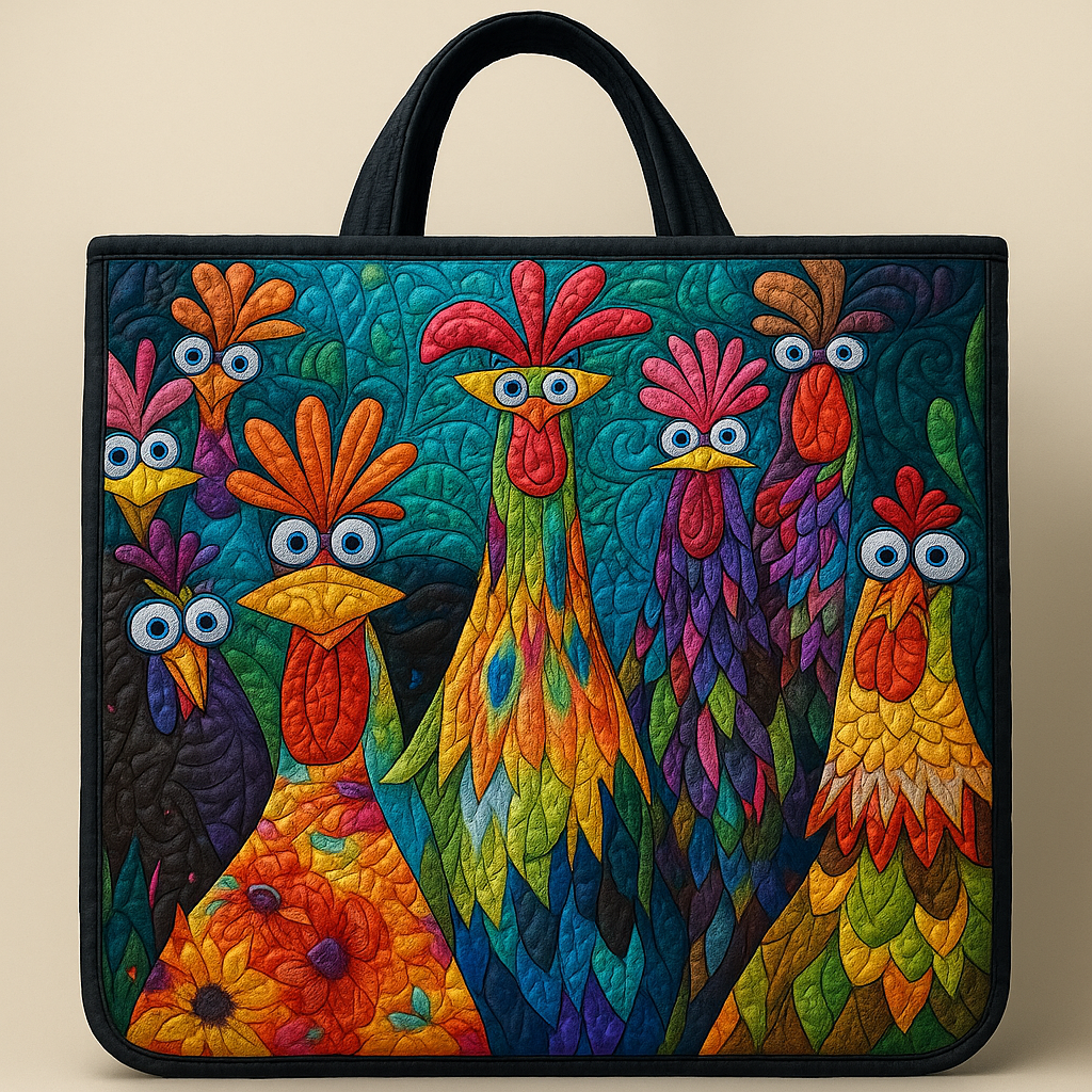 Vibrant Patchwork Chicken Quilted Tote Bag – Colorful Farmhouse Style Carryall