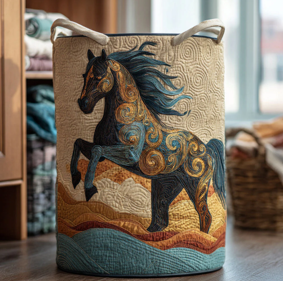 Artistic Galloping Horse Pattern Quilted Laundry Basket Eco-Friendly Machine Washable Storage Bin for Home Rustic Countryside Decor Organization | Horse