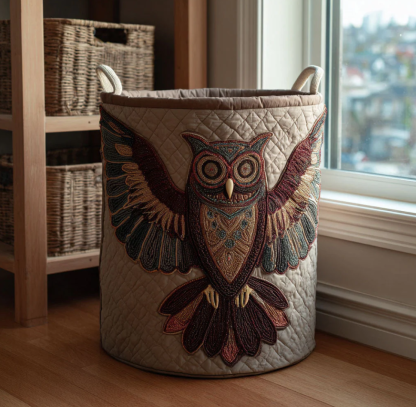 Exquisite Owl Pattern Quilted Laundry Basket Eco-Friendly Machine Washable Storage Container for Home Study Room Bedroom Organization | Owl