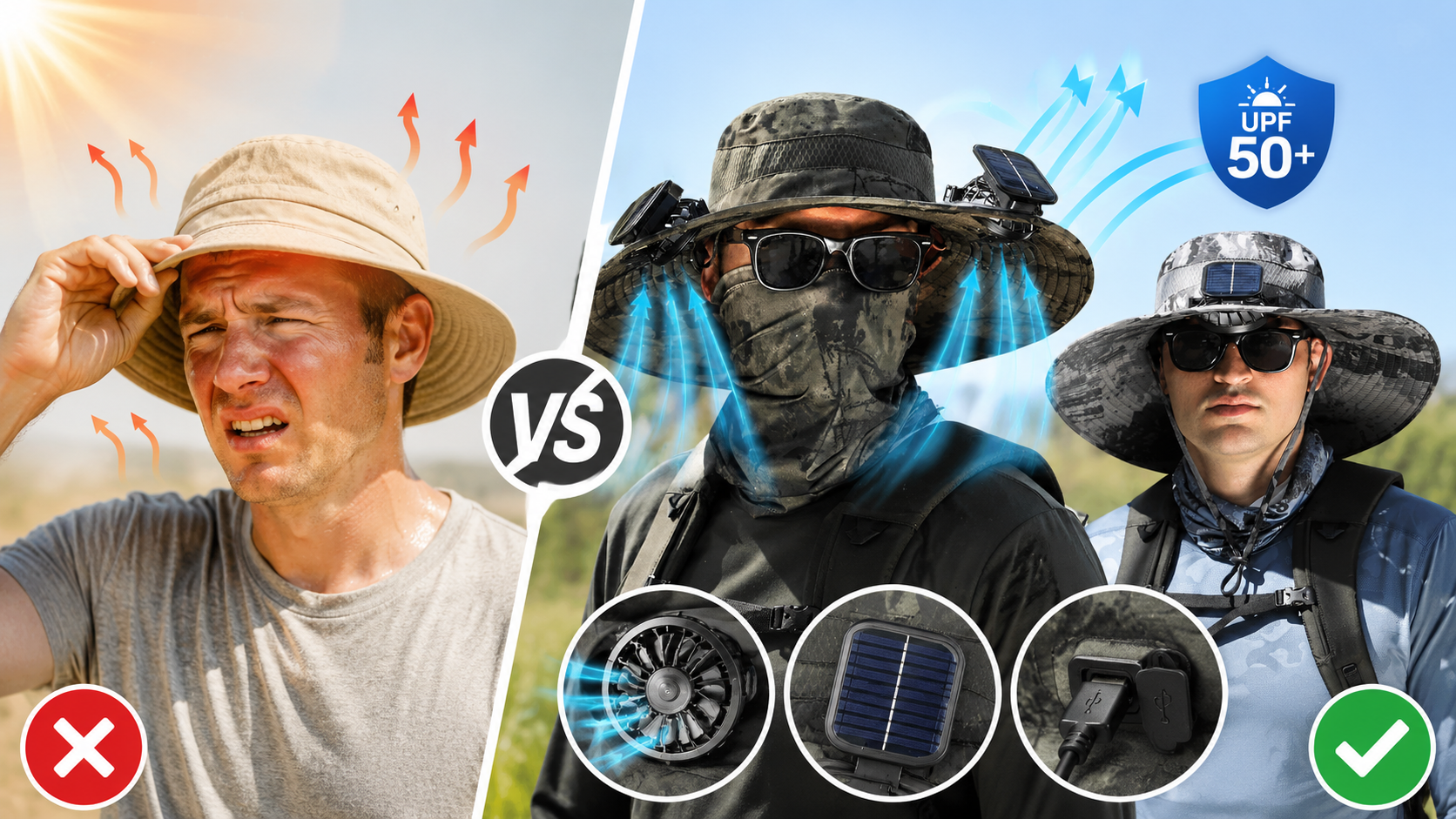Comparison image showing ordinary sun hat versus solar fan sun hat with airflow, UPF 50 protection, and USB charging