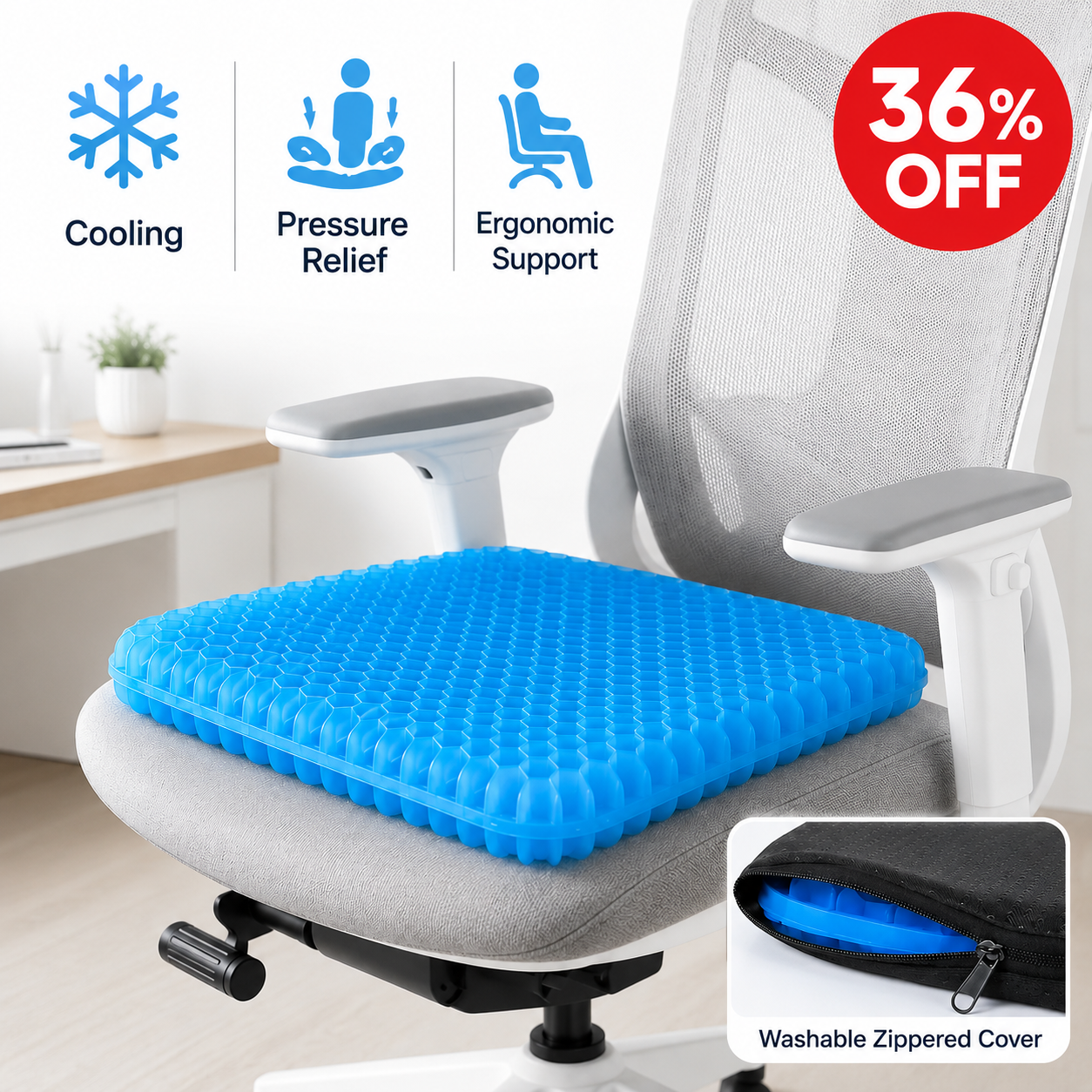 Image to replace: Wildvoy ergonomic silicone gel seat cushion product offer image showing blue and purple color options