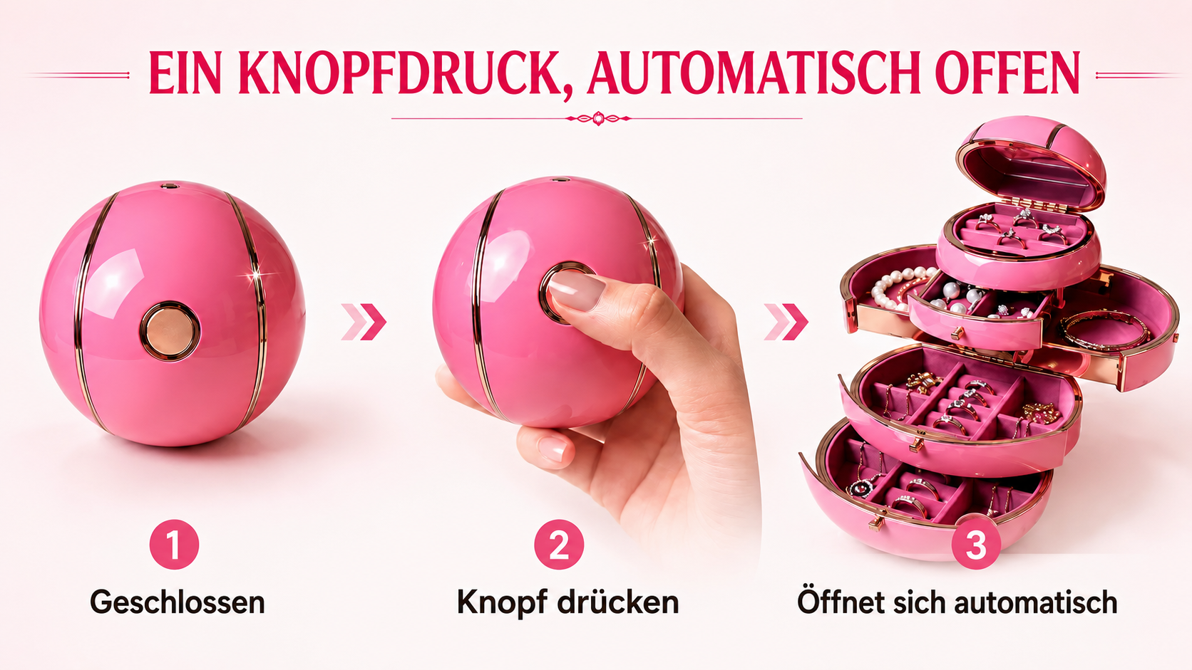Kompakte kugelf&ouml;rmige Schmuckschatulle, die sich zu einer mehrstufigen Pr&auml;sentation entfaltet