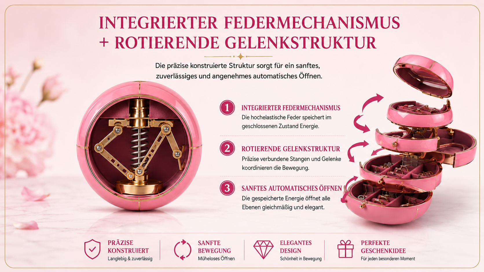 Erkl&auml;rende Nahaufnahme des federunterst&uuml;tzten inneren &Ouml;ffnungsmechanismus und der gleichm&auml;&szlig;igen Beladung der Ablagen