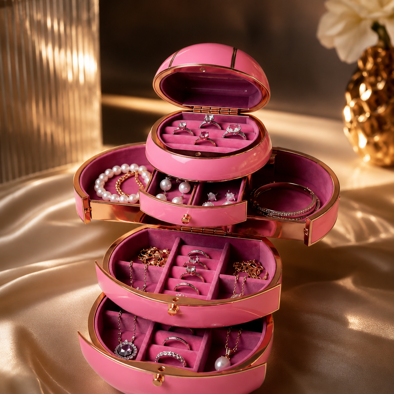 White spherical jewelry box displayed in closed and opened configurations