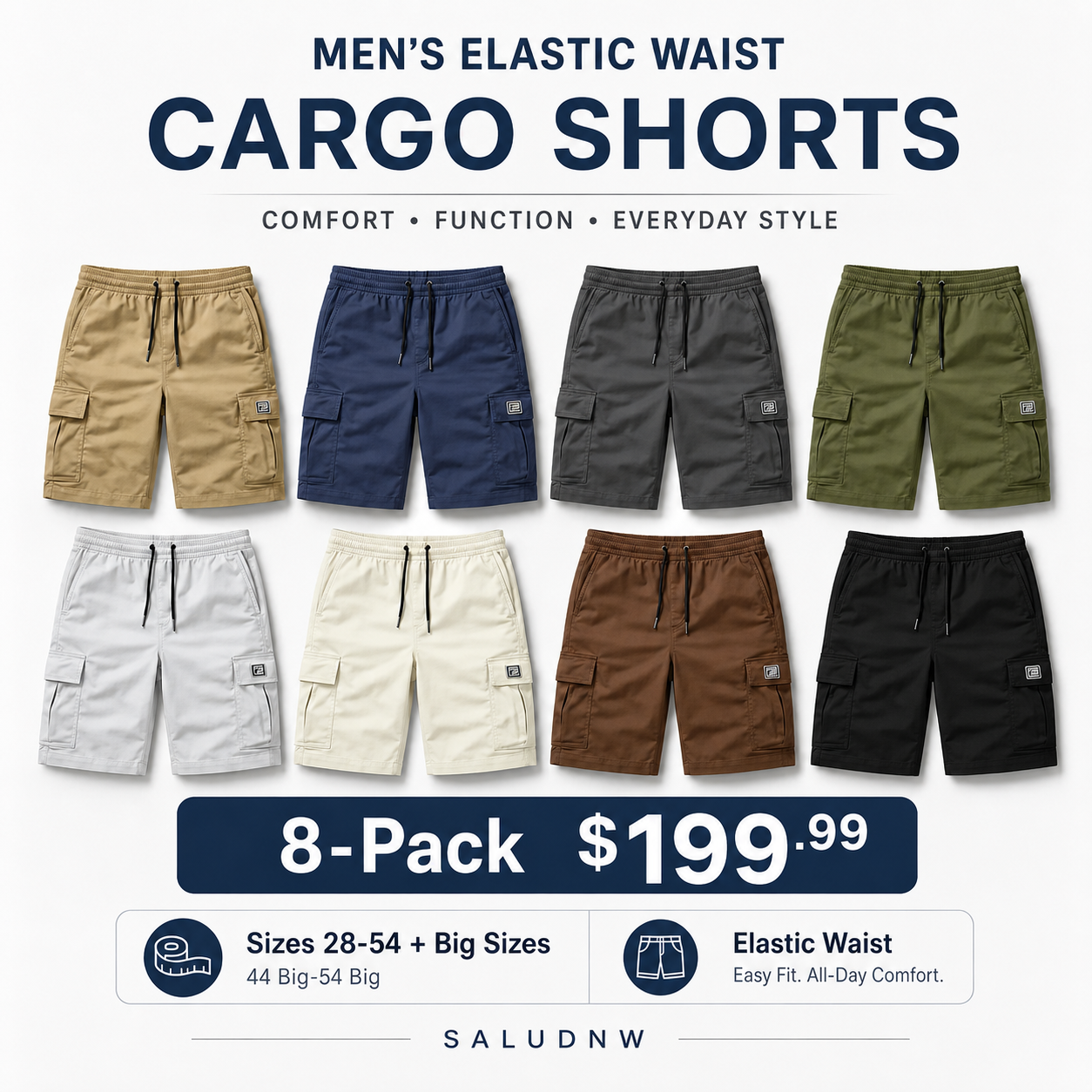 Men's 8-Pack Elastic Waist Drawstring Cargo Shorts