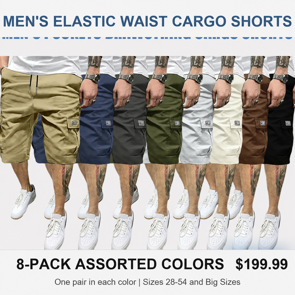 Men's 8-Pack Elastic Waist Drawstring Cargo Shorts