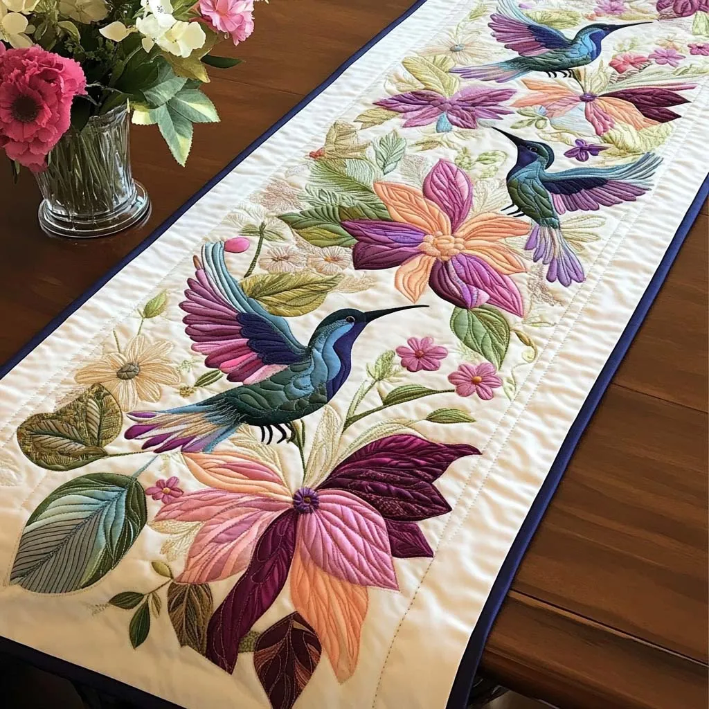 Garden Sonata Hummingbird Quilted Table Runner 🌸🐦✨