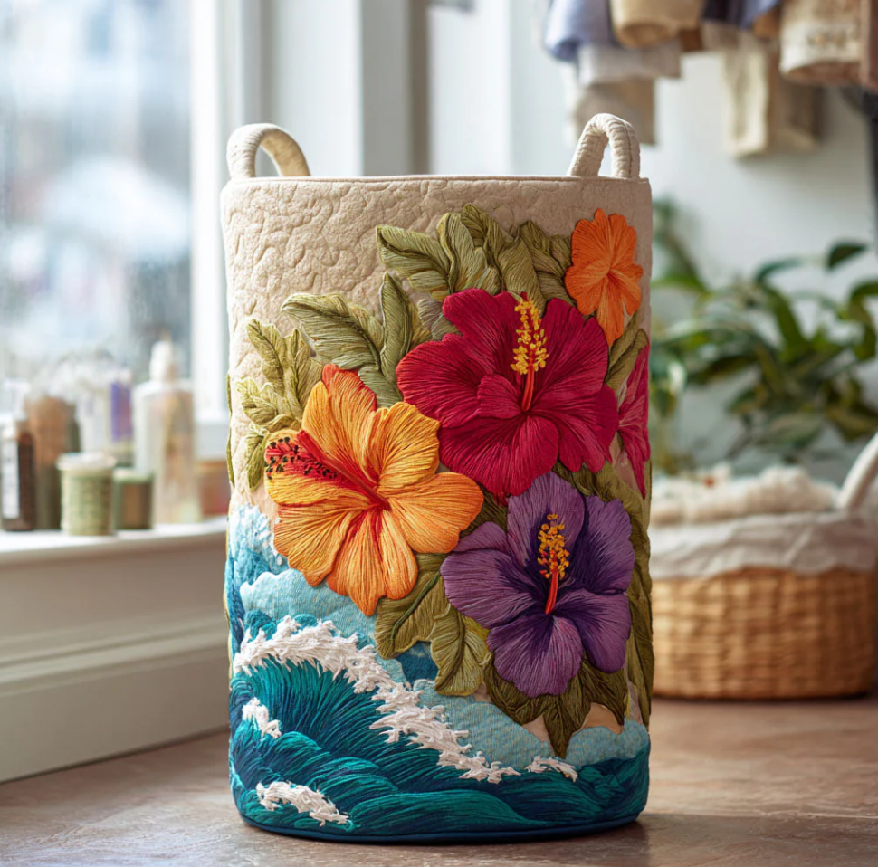 Tropical Hawaiian Floral & Palm Tree Pattern Quilted Laundry Basket Eco-Friendly Machine Washable Storage Bin for Home Coastal Decor Organization | Sunset  Sea