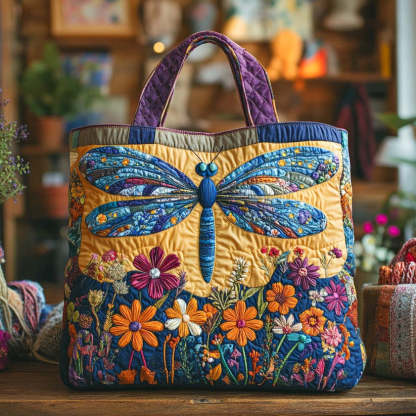 Floral Dragonfly Quilted Tote Bag – Colorful 3D Embroidered Nature Art