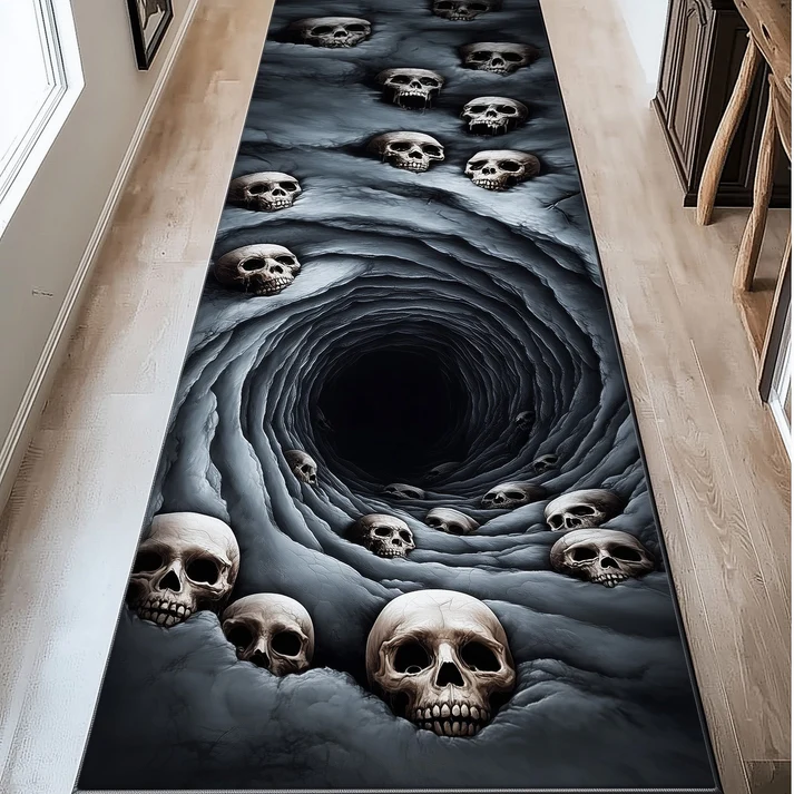 3D Gothic Dark Swirl Style Skull Swirl & Abyss Vortex Pattern Quilted Runner Rug with Floating Skull Decor | Skull