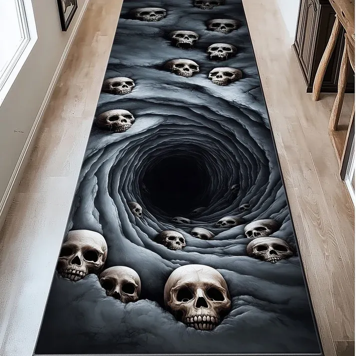 3D Gothic Dark Swirl Style Skull Swirl & Abyss Vortex Pattern Quilted Runner Rug with Floating Skull Decor | Skull