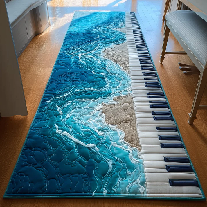 Calming Ocean Piano Style Piano & Wave Beach Pattern Quilted Runner Rug with Contrast Key Design | Piano