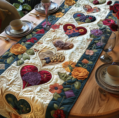 Handcrafted Quilted Table Runner with Diverse Thematic Patterns - Mardi Gras Mask, Heart Embroidery, Celtic Tree, Pumpkin Harvest, Cardinal Bird, Clover, Turkey Designs for Dining Table Decoration