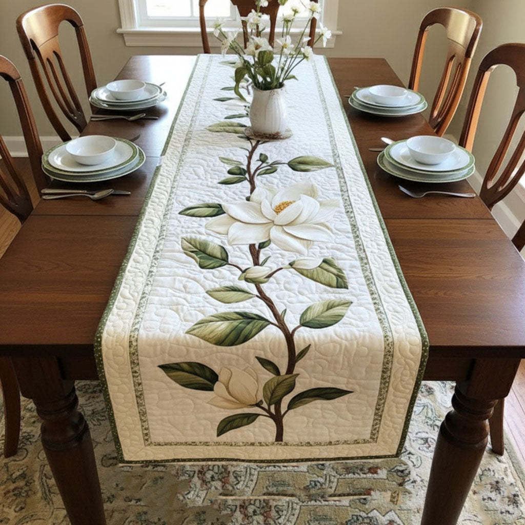 Rustic Magnolia Bloom Quilted Table Runner– Natural & Handcrafted Style