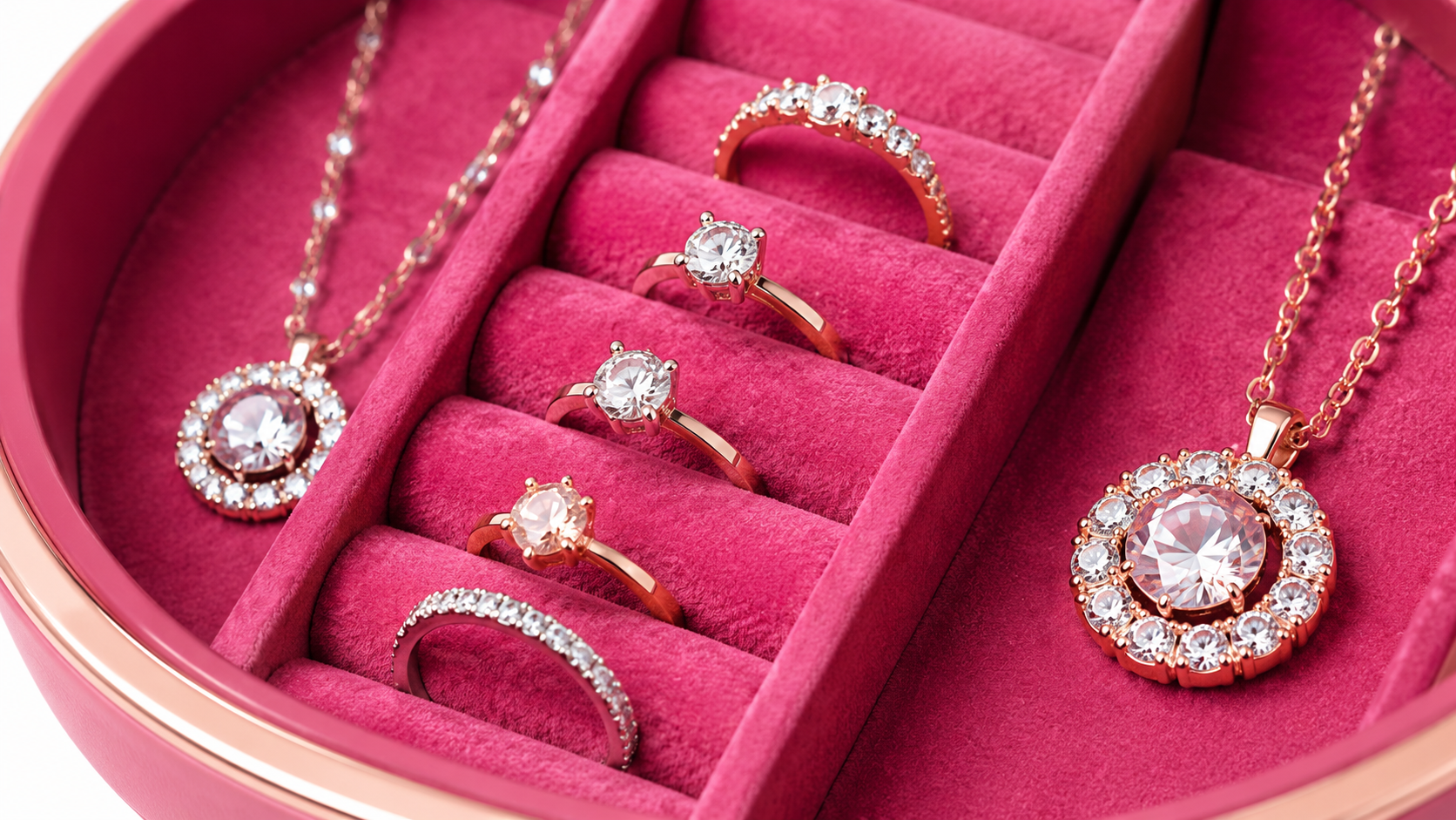 Close-up of the soft velvet-style tray lining beneath rings, earrings, and a bracelet