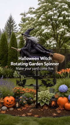 Halloween witch and bat garden wind spinner displayed outdoors