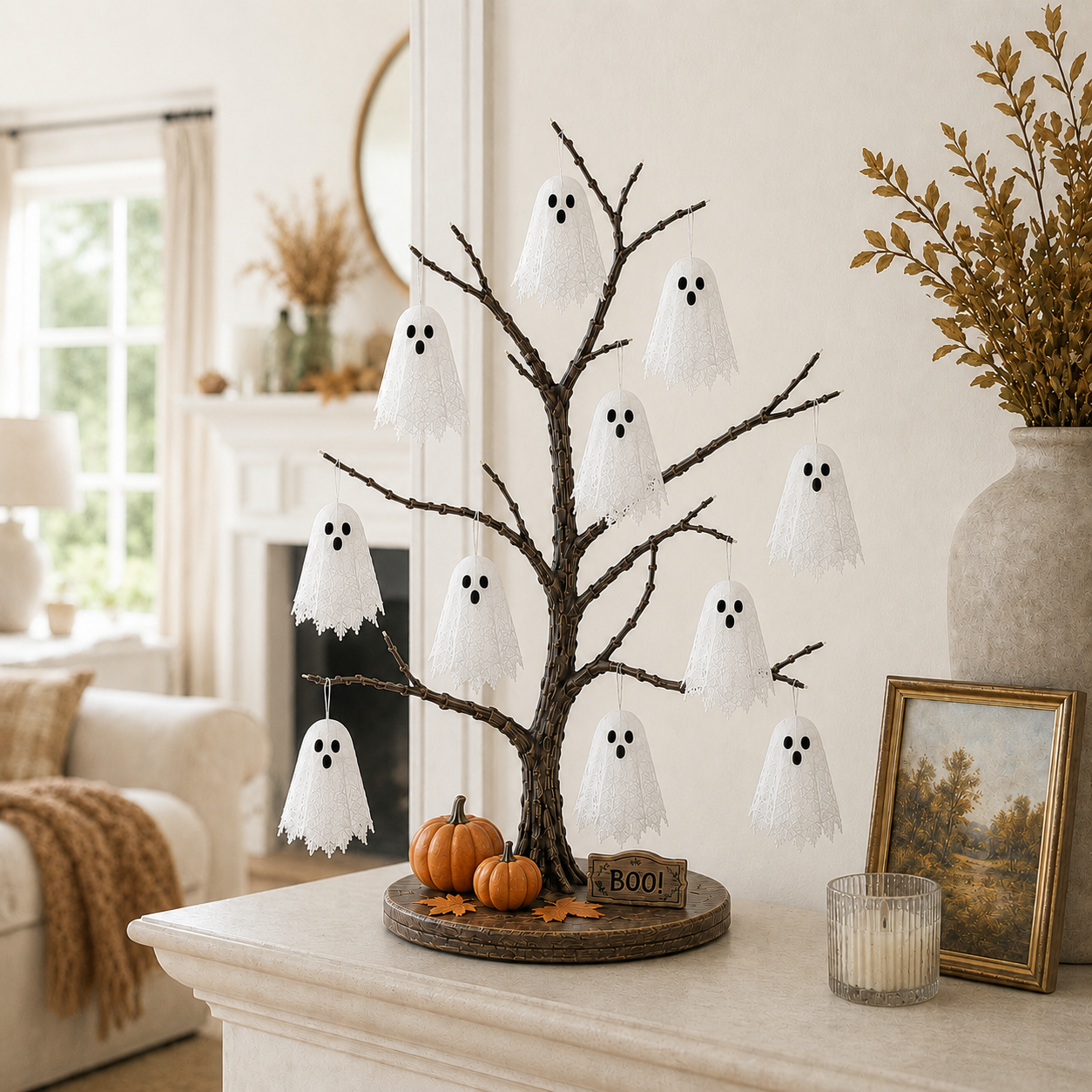 Lighted ghost tree used as warm indoor Halloween decor