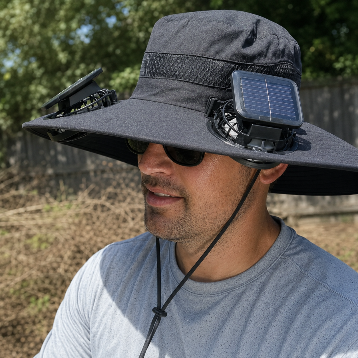 Close-up image of the front brim fan and solar panel area on the solar fan sun hat