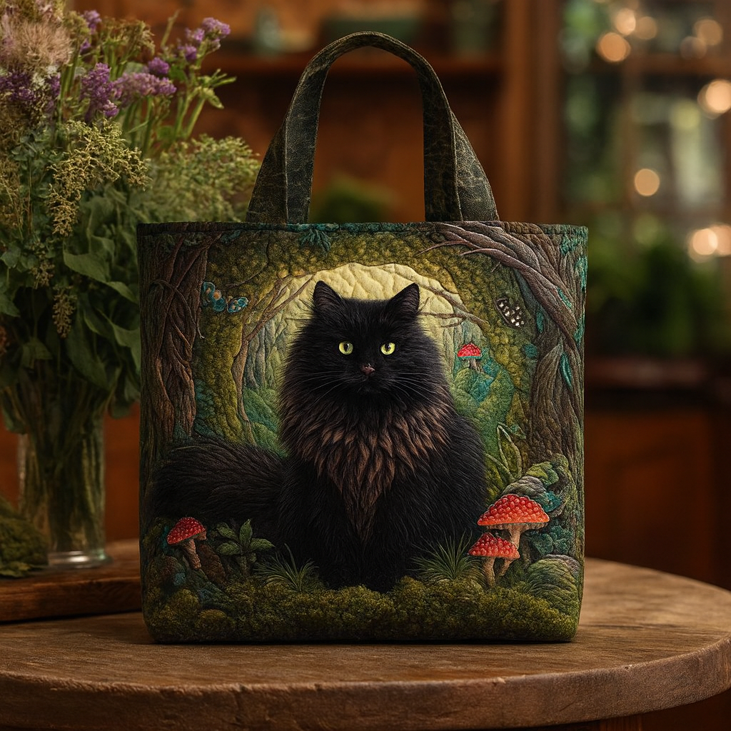 Whispers of the Enchanted Grove — 3D Forest Cat Quilted Tote Bag ✨