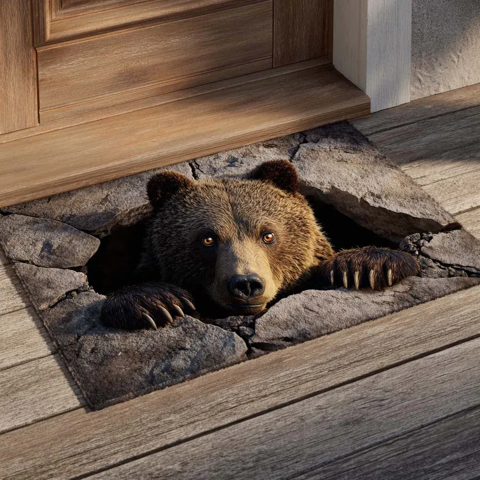 Hardcore 3D Natural Realism Style Lifelike Bear Face & Cracked Concrete Pattern Bear Doormat with Textured Weave & Outdoor Safe | Bear Doormat